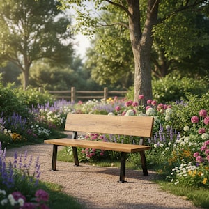 Panchina da parco, realizzata in rovere massello e robusto telaio in acciaio, panca in legno con schienale, oliata per uso interno ed esterno - realizzata a mano