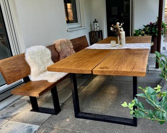 Tavolo da pranzo/da giardino Woodhood, realizzato in rovere massello e robusta struttura in acciaio, tavolo in legno massello oliato, adatto per uso interno ed esterno, tavolo in legno