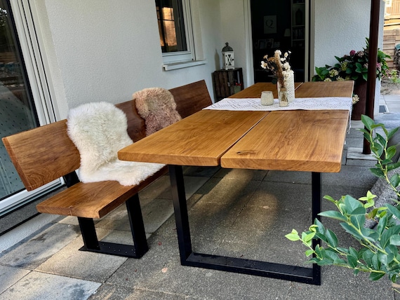Esstisch / Gartentisch Woodhood, aus Massivholz Eiche und einem stabilen Stahlgestell, Massivholztisch, geölt für Innen und Außen, Holztisch