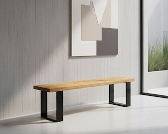 Woodhood bench, made of solid oak and a sturdy steel frame, wooden bench without backrest, oiled for indoor and outdoor use
