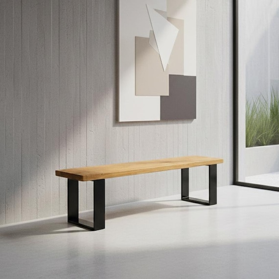 Sitzbank Woodhood, aus Massivholz Eiche und einem stabilen Stahlgestell, Holzbank ohne Lehne, geölt für Innen und Außen