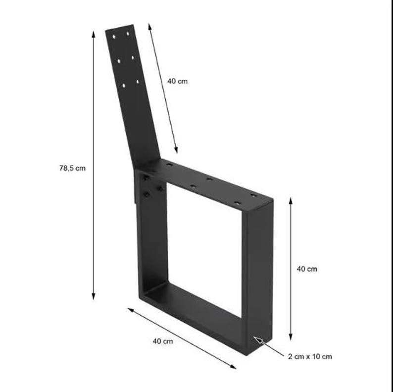 K&ouml;nnte beinhalten: Schwarzes M&ouml;belbein aus Metall mit einem quadratischen Rahmen und einer rechteckigen St&uuml;tze. Das Bein misst 40 cm in der L&auml;nge, 40 cm in der Breite und 78,5 cm in der H&ouml;he. Die St&uuml;tze misst 2 cm mal 10 cm.