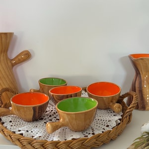 Service à café Vallauris Grandjean-Jourdan faux bois – céramique vintage années 60 – ensemble 7 pièces