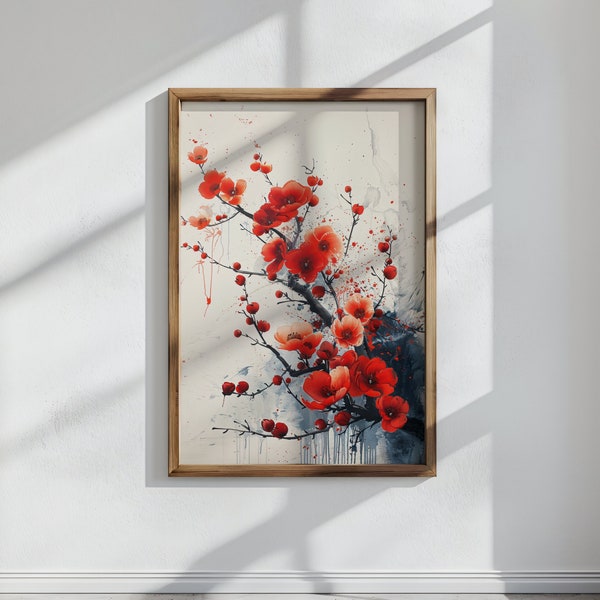 Abstract Flower Painting, digital art, living room decor, abstract poster, modern art, graffiti style painting, red white color