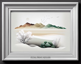 White Tree Ahead of Mountains Landscape| Muted Warm Tone Sketch| Super High Resolution Digital Print