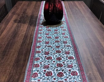 Hand-Block Printed Cotton Table Runner, Traditional Floral Indian Print