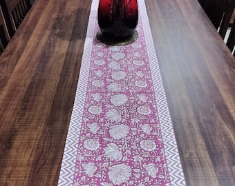 Hand Block Printed Cotton Table Runner, Floral Indian Print, 72 x 13 Inches