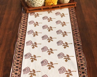 Hand-Block Printed Cotton Table Runner, Floral Indian Print, 72x13 Inches