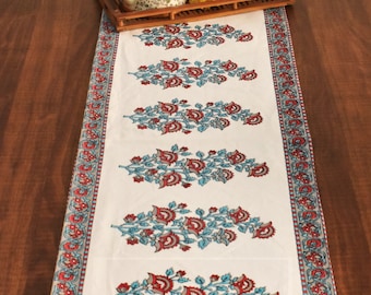 Hand-Block Printed Cotton Table Runner, Indian Floral Print, 72 x 13 Inches
