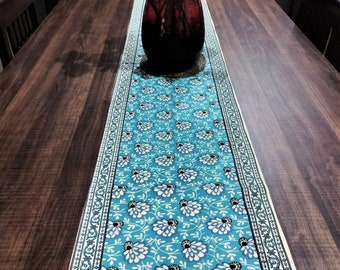 Hand Block Printed Cotton Table Runner, Floral Indian Design (72x13 Inches)