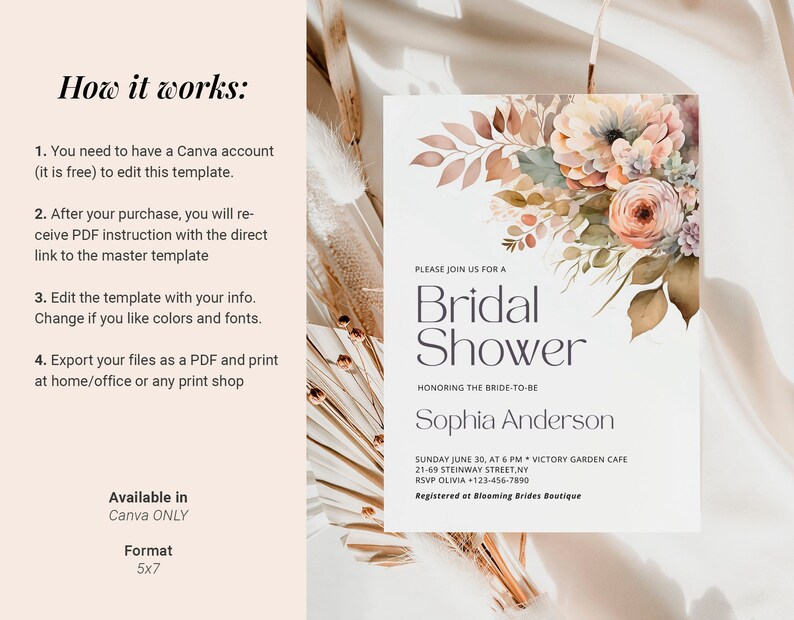 Editable Blush Bridal Shower Invitation Template Wildflower Etsy