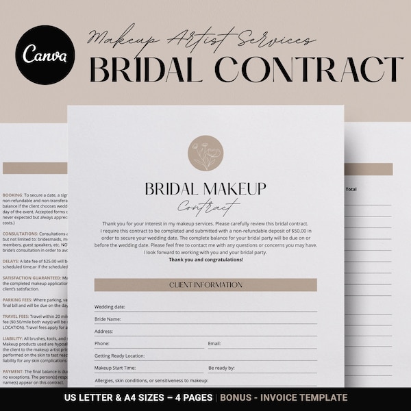 Professional Bridal Makeup Contract Template, Editable Makeup Artist Contract, MUA Freelance service Contract forms, Cosmetology, Canva