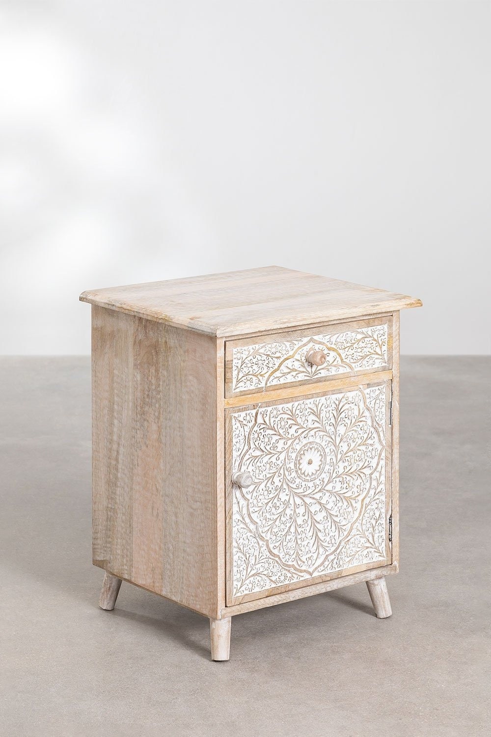 Indian Vintage Carved Whitewash Bedside Table Night Stand for Bedroom Carved in Solid Mango Wood