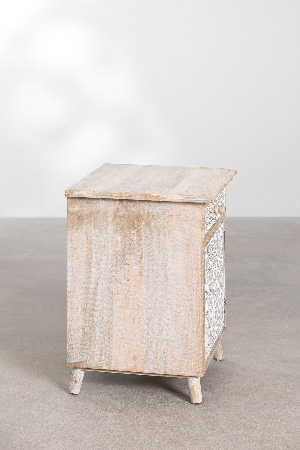 Indian Vintage Carved Whitewash Bedside Table Night Stand for Bedroom Carved in Solid Mango Wood