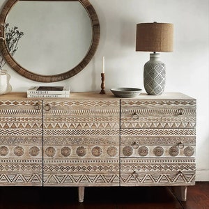 Indian Style Apollo Carved Mango Wood Sideboard in Solid Wood