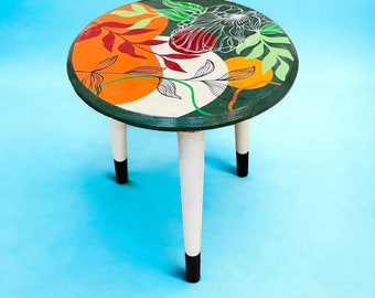 Indian Wooden Side Table with Hand Painted Finish, Living Room End Table, Home Decor Furniture