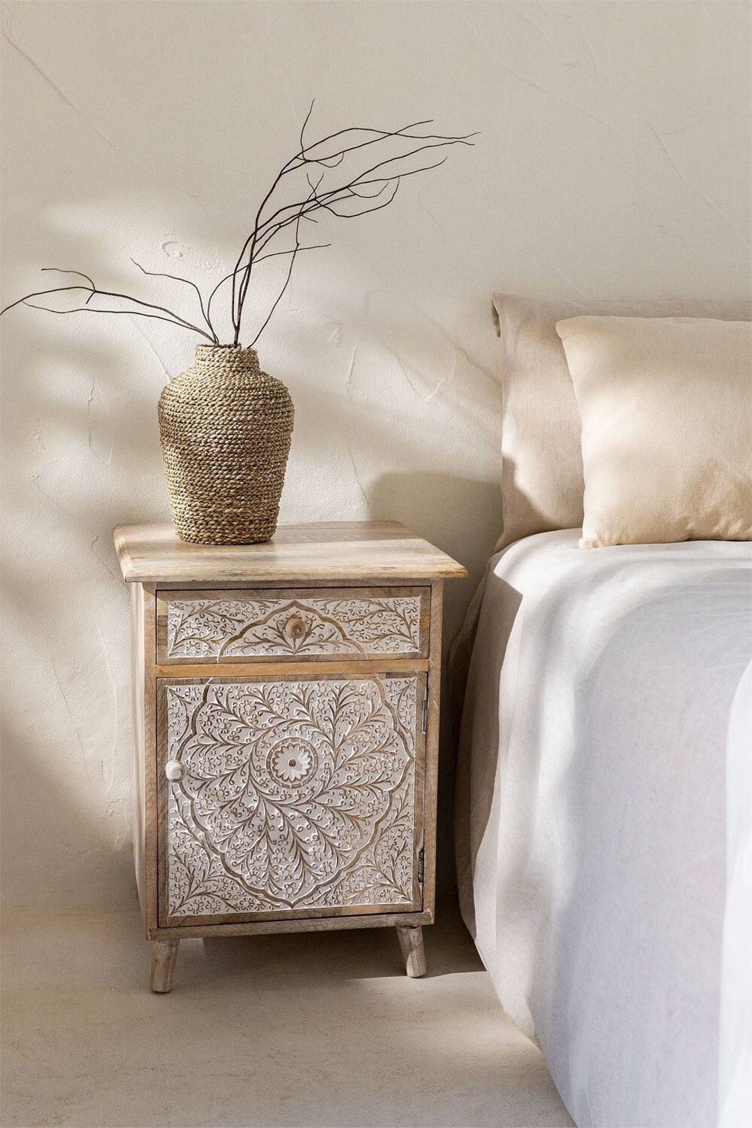 Indian Vintage Carved Whitewash Bedside Table Night Stand for Bedroom Carved in Solid Mango Wood