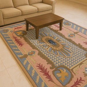 Handmade Wool Aubusson Style Rug: Pastel Pink & Blue Floral Carpet