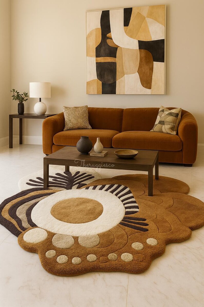 May include: A living room scene featuring a rust-colored sofa, a dark wood coffee table, and a unique rug with a floral design. The rug has a white center with brown and beige accents. An abstract painting hangs above the sofa.