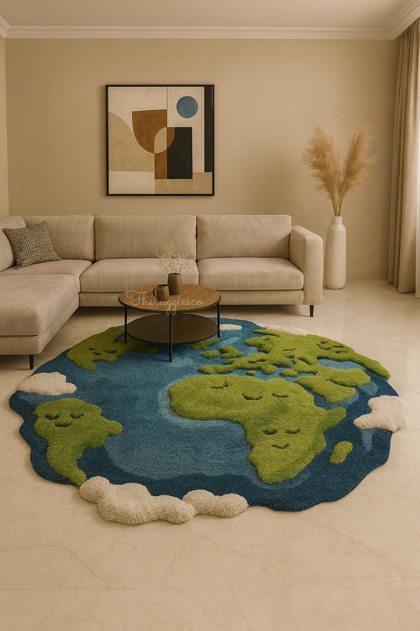Earth Haven Rug – Irregular Round Handtufted World Map Carpet, Blue and ...