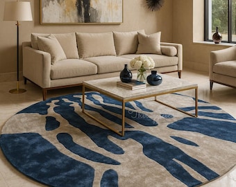 Midnight Dunes Round Silk Handtufted Rug – Luxury Blue & Beige Modern Designer Carpet for Living Room , Bedroom