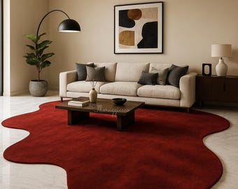 Modern Solid Red Irregular Handtufted Wool Rug | Contemporary Organic Shape Carpet for Living Room | Custom Luxury Abstract Area Rug