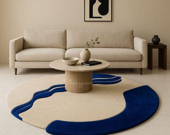 Ocean Curve – Tapete redondo de lã moderno | Tapete abstrato bege e azul-escuro | Tapete tufado à mão para sala de estar