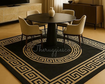 Handgetufteter Wollteppich - Antiker griechischer Schlüsselteppich in Schwarz und Gold, luxuriöser Medaillon-Teppich, moderner klassischer handgefertigter Wollteppich, Sondergröße