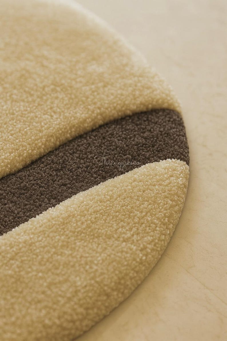 Pode incluir: Um tapete redondo e texturizado com um design de listras bege e marrom. O tapete tem uma apar&ecirc;ncia macia e felpuda, com uma borda curva. A paleta de cores &eacute; neutra, com foco em tons quentes e terrosos. Para decora&ccedil;&atilde;o de casa.