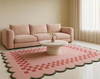 Hand-Tufted Wool Area Rug: Pink Checkered, Green Border