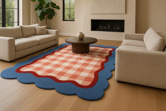 Handtufted Wool Rug – Blue Scallop Edge Gingham Check Carpet, Red & Peach Picnic Style Area Rug, Modern Handmade Wool Decor, Custom Size Rug