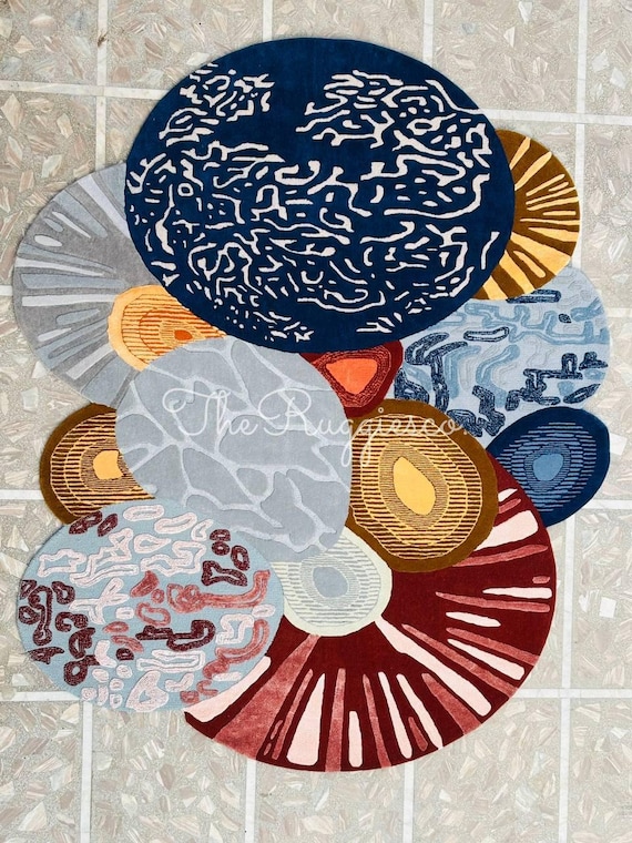 Hand Tufted Abstract Wool Rug, Round Irregular Area Rug, Modern Organic Shape Designer Rug, Colourful Contemporary Art Rug