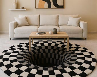 Infinity Hole Illusion Rug – Handtufted Wool 3D Checkered Optical Illusion Carpet for Modern Living Room Decor”