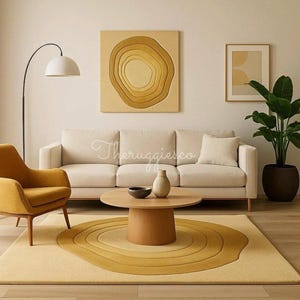 Modern Minimalist Hand-Tufted Wool Rug – High Pile with Embossed Abstract Layers in Mustard & Beige – Contemporary Luxury Living Room Carpet
