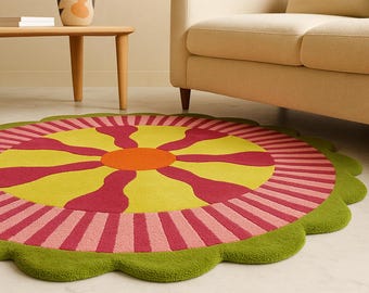 Tapete redondo tufado à mão Bloom Burst – Tapete de lã moderno com estampa floral irregular, tapete decorativo colorido para sala de estar
