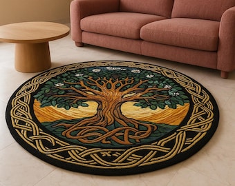 Hand-Tufted Wool Tree of Life Rug: Celtic Sun Design