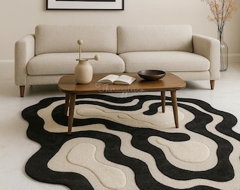 Monochrome Wave Rug – Irregular Round Handtufted Black and White Modern Carpet, Abstract Wavy Accent Rug for Living Room & Bedroom Decor