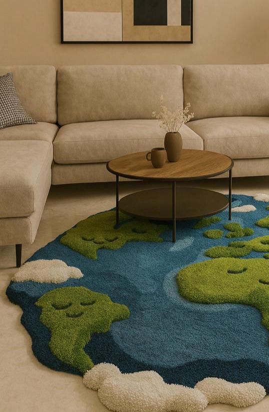 Earth Haven Rug – Irregular Round Handtufted World Map Carpet, Blue and ...