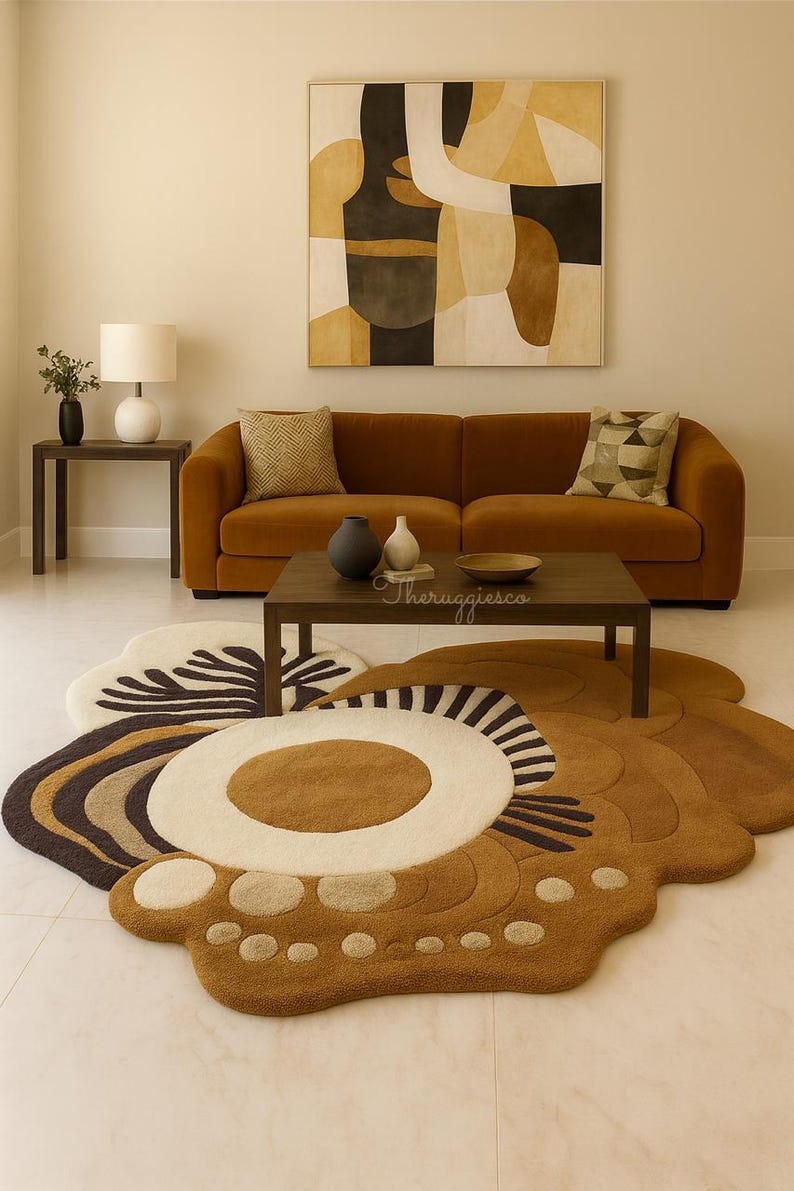 May include: A modern living room featuring a large, brown floral-shaped rug. The rug has a cream-colored center with brown and black accents. A brown sofa, coffee table, and abstract art piece complete the room's decor.