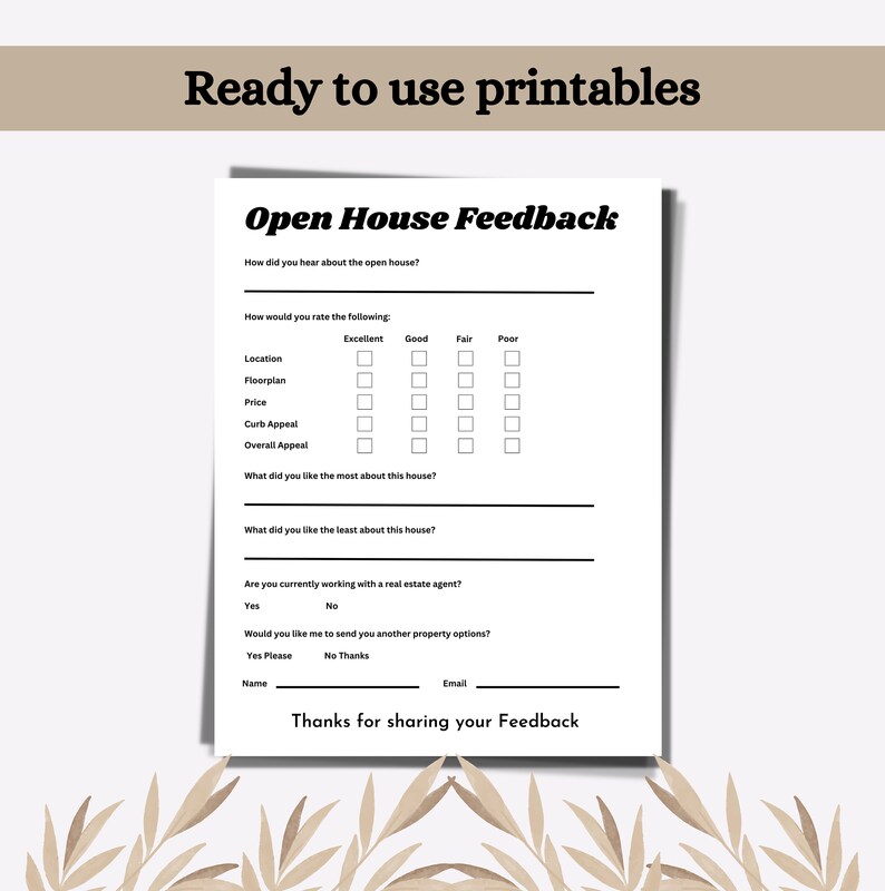 Open House Feedback Form Broker Open House Printable Real - Etsy