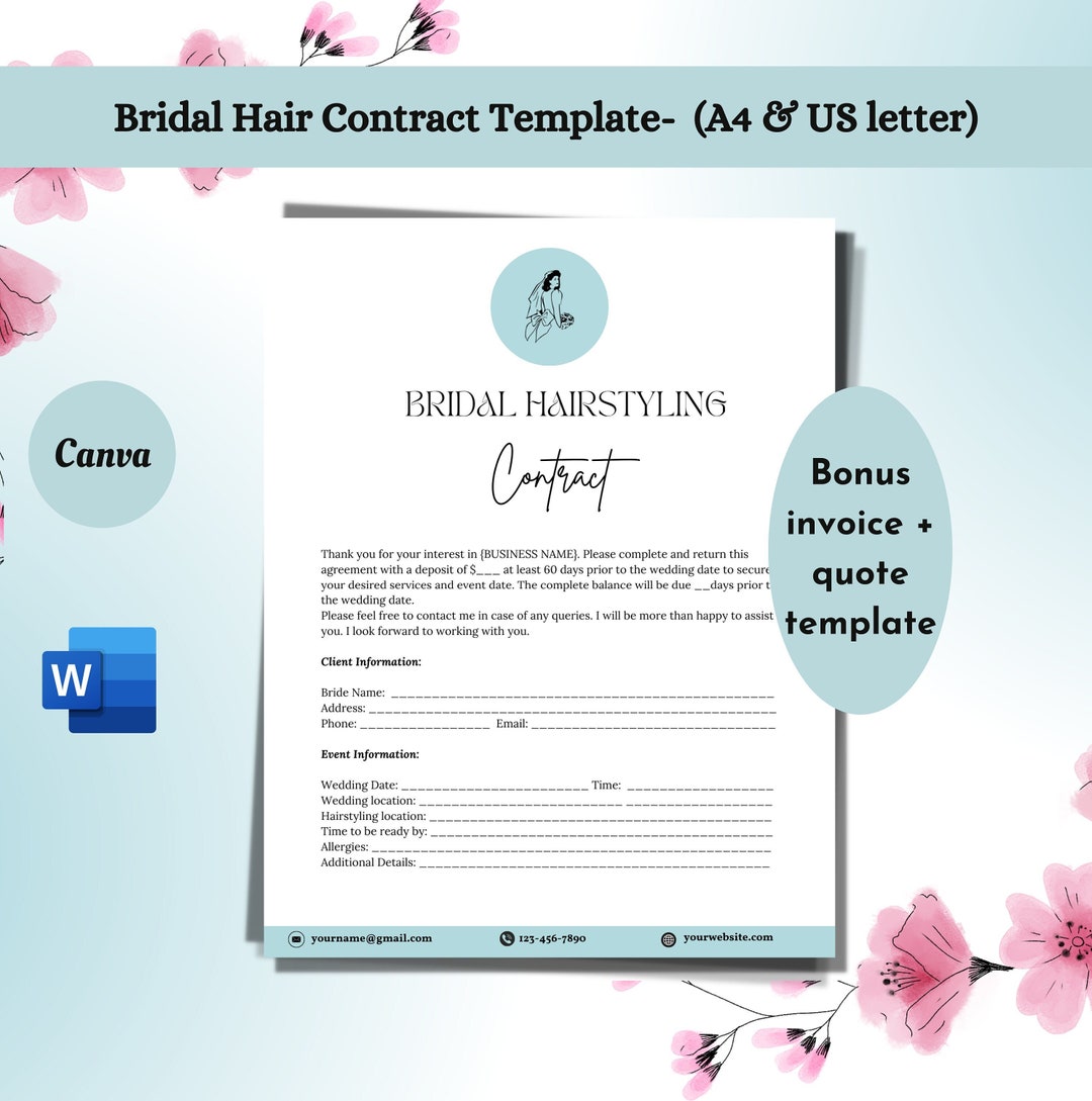 Bridal Hair Contract Template Wedding Bridal Party Salon Etsy