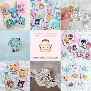 May include: A collection of colorful enamel pins featuring anime-style characters. The pins are displayed on small cards, showcasing various designs with vibrant colors and detailed artwork. Some pins are held by a hand. The image also includes the website address.