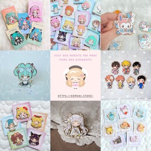 May include: A selection of colourful anime-style enamel pins showcasing diverse characters. The pins are presented on small cards, depicting girls and boys with large eyes and detailed outfits. The image also includes the website address: komaki.store.