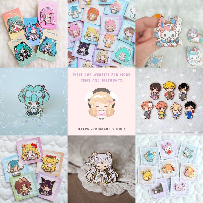 May include: A selection of colourful anime-style enamel pins showcasing diverse characters. The pins are presented on small cards, depicting girls and boys with large eyes and detailed outfits. The image also includes the website address: komaki.store.