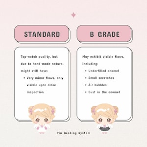 May include: A pink and white graphic illustrating a pin grading system. The "STANDARD" section details minor flaws. The "B GRADE" section lists underfilled enamel, scratches, air bubbles, and dust. Cute cartoon character illustrations are at the bottom.