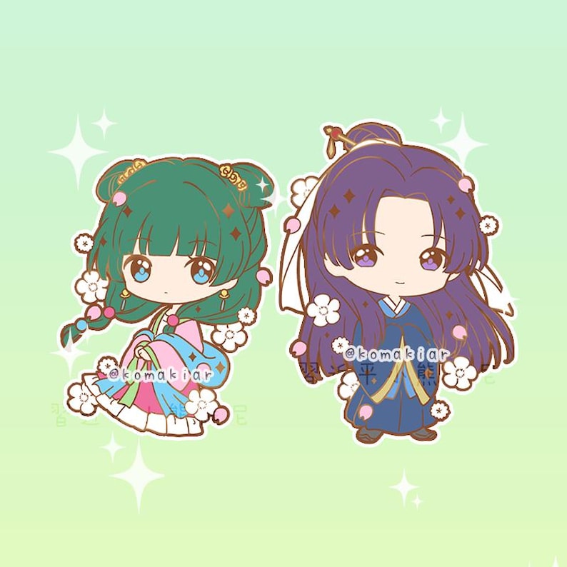 May include: Two cartoon characters in traditional Asian attire. One has green hair and wears a pink and blue outfit, the other has purple hair and wears a blue outfit. Both are decorated with flowers and have large eyes.