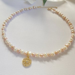 Elegant freshwater pearl necklace with zirconia compass pendant, Baroque pearl choker, handmade jewelry