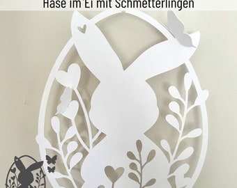 Plotter file rabbit in egg with butterflies, SVG, PNG, DXF, spring, Easter, butterfly, cutting file for paper and foil