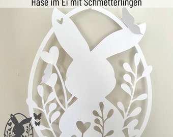 Plotterdatei Hase im Ei mit Schmetterlingen, SVG, PNG, DXF, Frühling, Ostern, Schmetterling, Schneidedatei für Papier und Folie