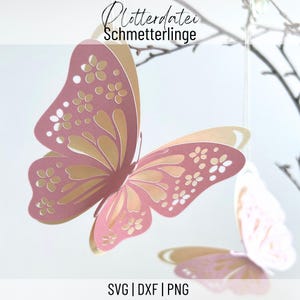Könnte beinhalten: Rosa und goldene Papier-Schmetterlinge mit filigranen Ausschnitten, die vor einem weichen Hintergrund schweben. Die Schmetterlinge haben florale Muster und sind für einen 3D-Effekt geschichtet. Der Text oben lautet "Plotterdatei Schmetterlinge" und unten "SVG | DXF | PNG".